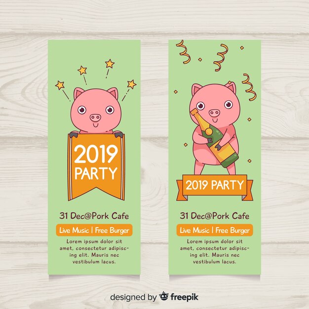 Mão moderna desenhada 2019 banners de festa de ano novo