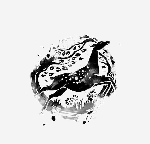 Mão na moda desenhada cabeça de veado preto com padrão floral e galhos de doodle, ilustração vetorial de Grunge.