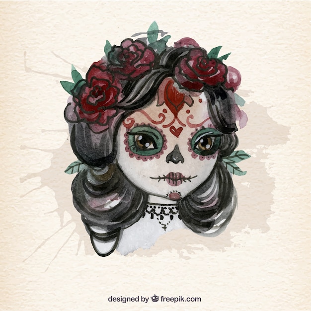 Mão pintado menina como um crânio Catrina