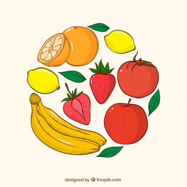 Mão, puxado, fundo, colorido, frutas