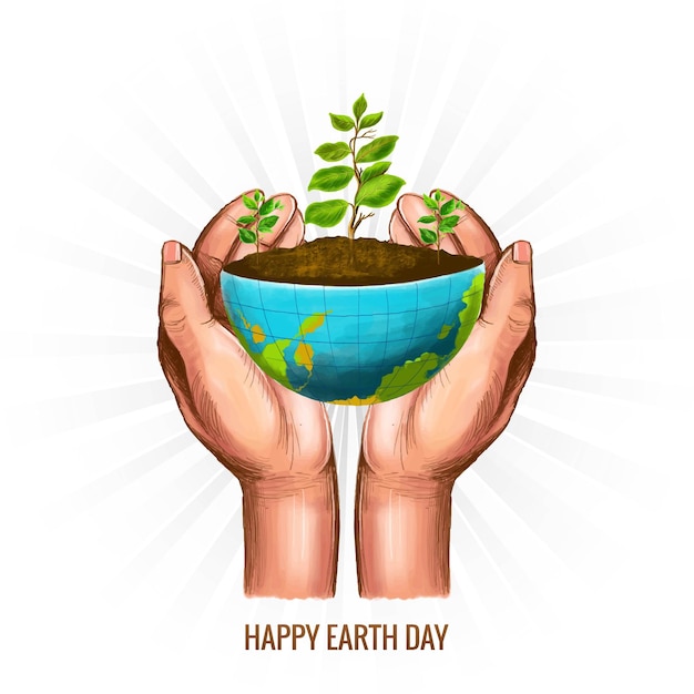 Vetor grátis mão segurando a árvore com fundo de dia da terra feliz do conceito de meio globo