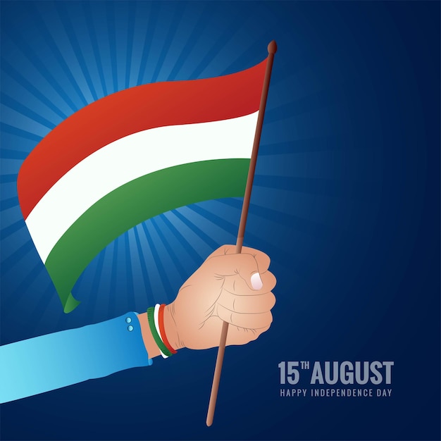 Mão segurando a bandeira indiana com fundo feliz dia da independência