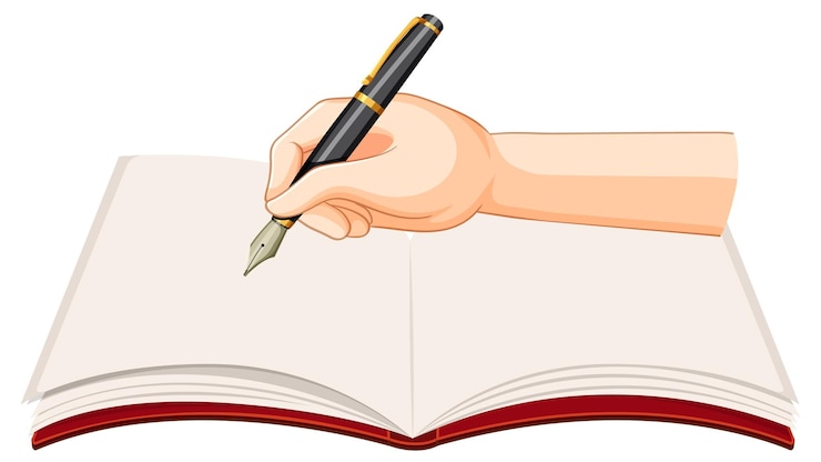 Vetor grátis mão segurando a caneta escrevendo no livro em branco