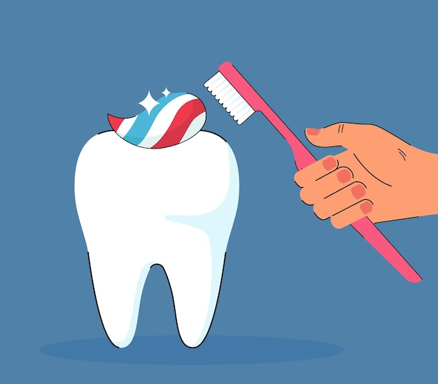 Vetor grátis mão segurando o dente de limpeza de escova de dentes com creme dental. higiene oral matinal de ilustração vetorial plana de pessoa pequena. odontologia, conceito de atendimento odontológico para banner, design de site ou página de destino