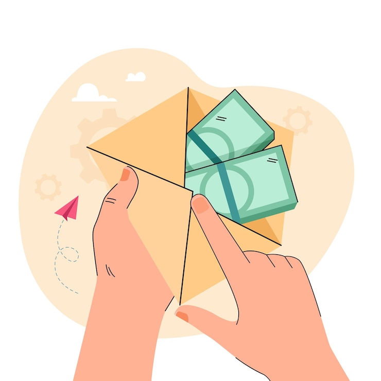 Vetor grátis mão segurando o envelope com notas dentro. pessoa tomando empréstimo no banco, recebendo salário ou recebendo suborno ilustração vetorial plana. finanças, conceito de riqueza para banner, design de site ou página de destino