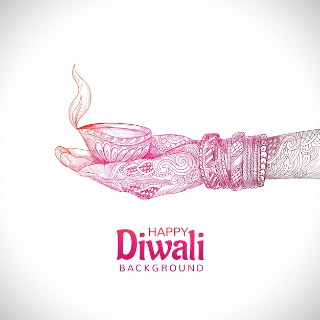 Mão segurando um esboço de lâmpada a óleo indiana festival diwali