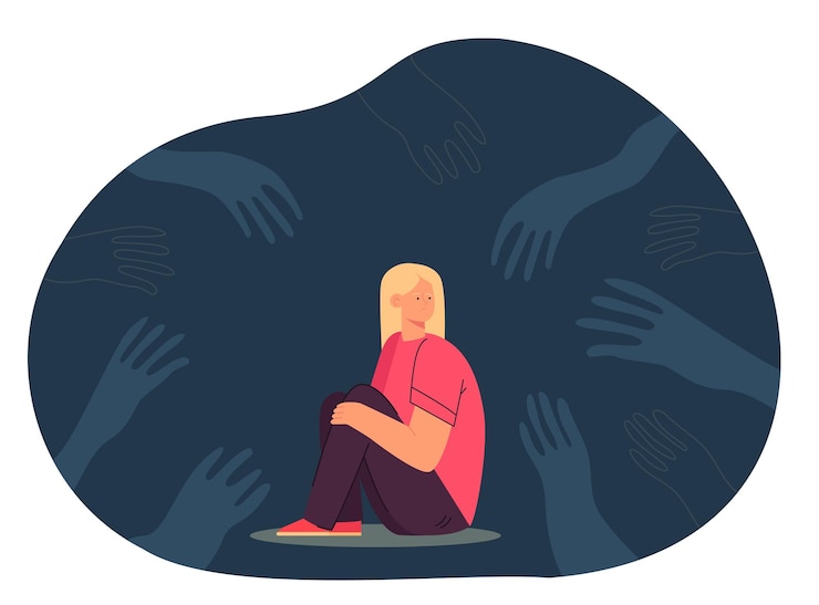 Vetor grátis mãos assustadoras rastejando em direção a garota triste sentada no chão. adolescente deprimido com medo de ilustração vetorial plana de abuso. medo, bullying, conceito de violência para banner, design de site ou página de destino