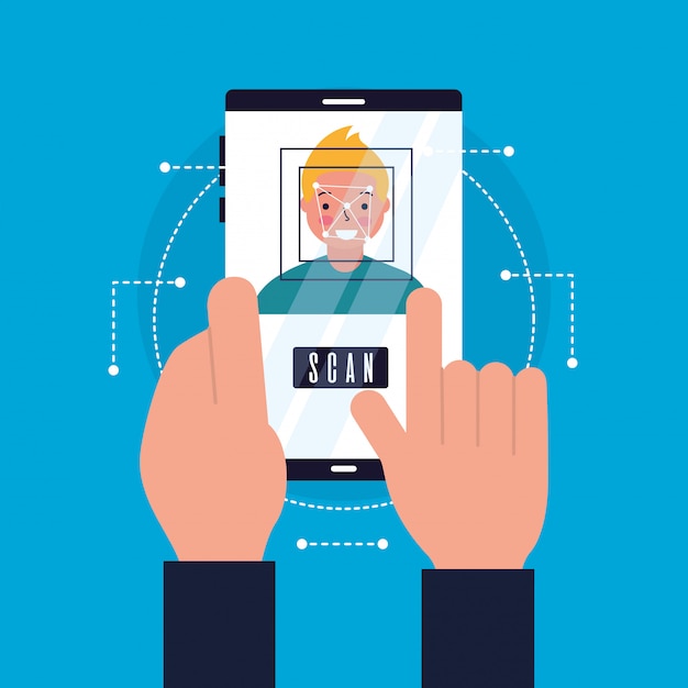 Vetor grátis mãos com cara de digitalização de rosto móvel
