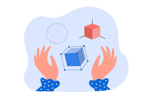Mãos com diferentes formas geométricas 3d. cubos, ilustração em vetor plana esfera. geometria, matemática, conceito de educação para banner, design de site ou página de destino