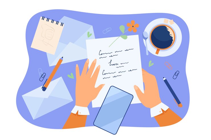 Vetor grátis mãos de personagem escrevendo carta na mesa com papéis, lápis, envelopes e xícara de café.