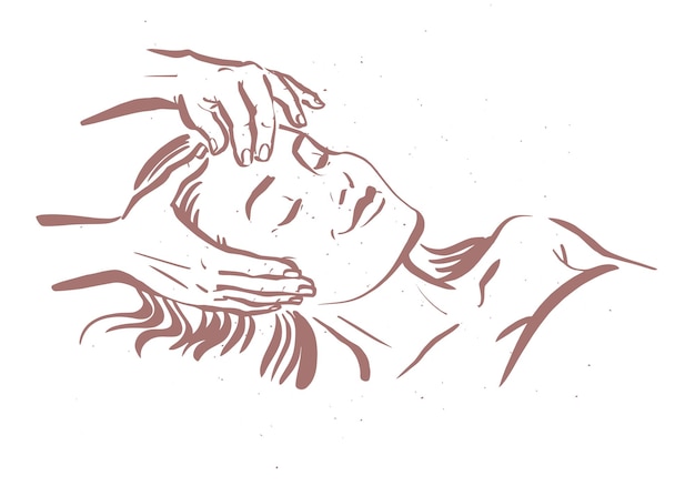 Mãos humanas massageando modelo de senhora bonita deitada ilustração vetorial de esboço desenhado à mão massagem facial para logotipo de cartaz de spa de spa banner de salão de massagem etc Vetor Premium