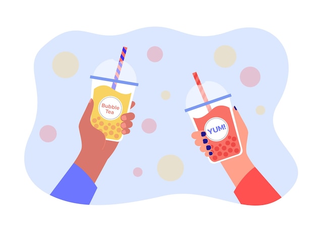 Mãos humanas segurando copos de plástico com chá de bolhas e canudos. Pessoas que apreciam a bebida doce popular asiática, bebida de leite de pérola deliciosa e fria, ilustração vetorial plana. Conceito de sobremesa