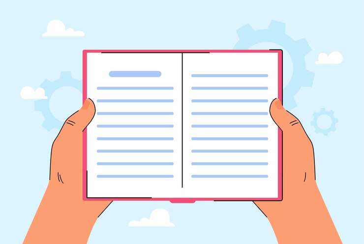 Vetor grátis mãos humanas segurando um livro de papel aberto da biblioteca ou livraria. pessoa lendo e estudando ilustração vetorial plana. estudo, conhecimento, conceito de educação para banner, design de site ou página de destino