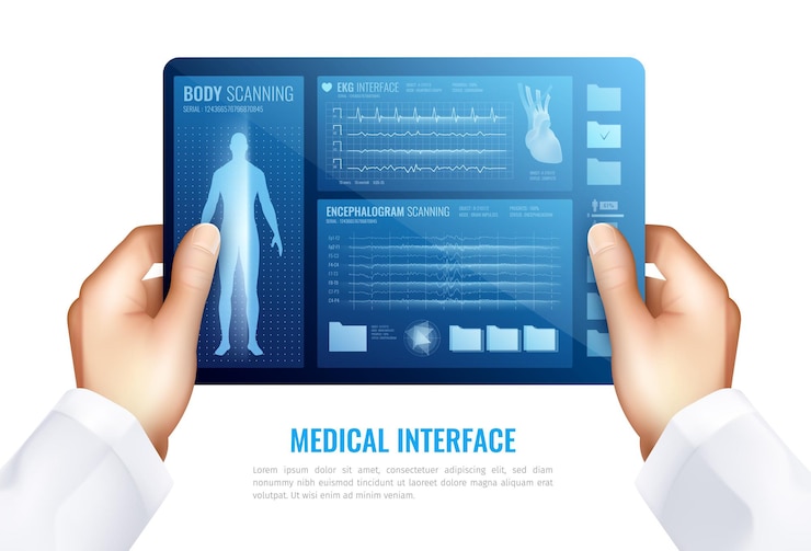 Vetor grátis mãos humanas tocando na tela do tablet mostrando interface médica com conceito realista de elementos de hud