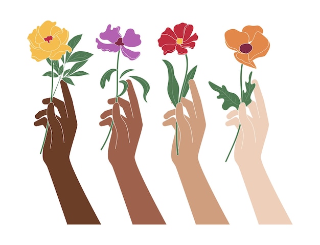 Mãos segurando flores demonstrando igualdade