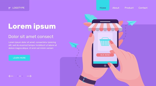 Mãos segurando um smartphone e comprando na loja online. telefone, venda, ilustração em vetor plana comprador. compras e design de site de conceito de tecnologia digital ou página de destino