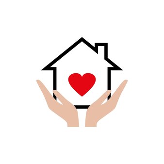 Mãos segurando uma casa com sinal de linha de ícone de coração no fundo branco
