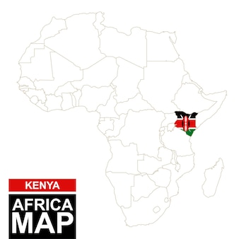 Mapa contornado da áfrica com destaque do quênia. mapa e bandeira do quênia no mapa da áfrica. ilustração vetorial.