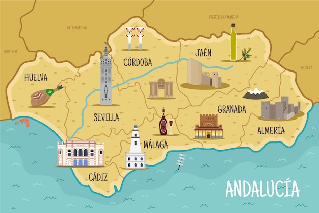 Vetor grátis mapa da andaluzia com pontos de referência