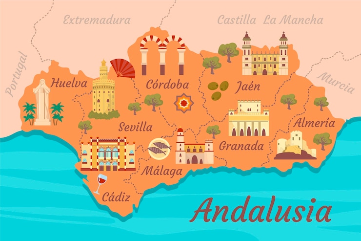Vetor grátis mapa da andaluzia com pontos de referência