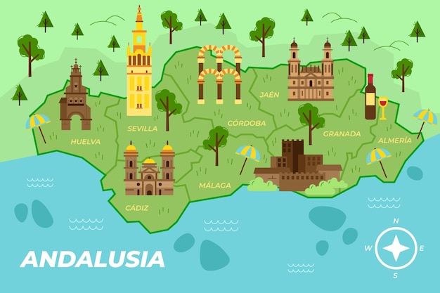 Mapa da andaluzia com pontos de referência