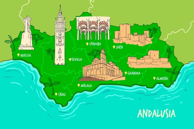 Mapa da andaluzia com pontos de referência