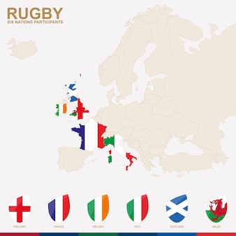 Mapa da europa com participantes destacados do campeonato de rúgbi: inglaterra, frança, irlanda, itália, escócia, país de gales.