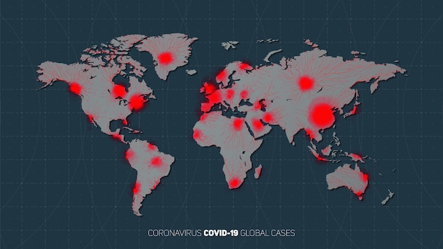 Vetor grátis mapa da propagação mundial da pandemia de coronavírus. aviso de surto global de vírus. estrutura de vírus em um planeta terra fundo com estrelas. infecção internacional. ilustração.