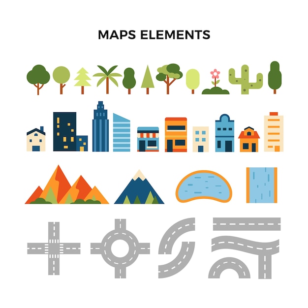 Vetor grátis mapa de coleção de elementos de mapa desenhado à mão