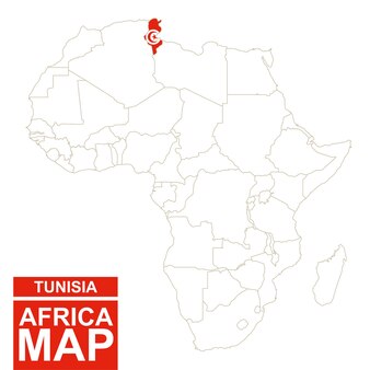 Mapa de contornos de áfrica com a tunísia destacada. mapa da tunísia e bandeira no mapa da áfrica. ilustração vetorial.