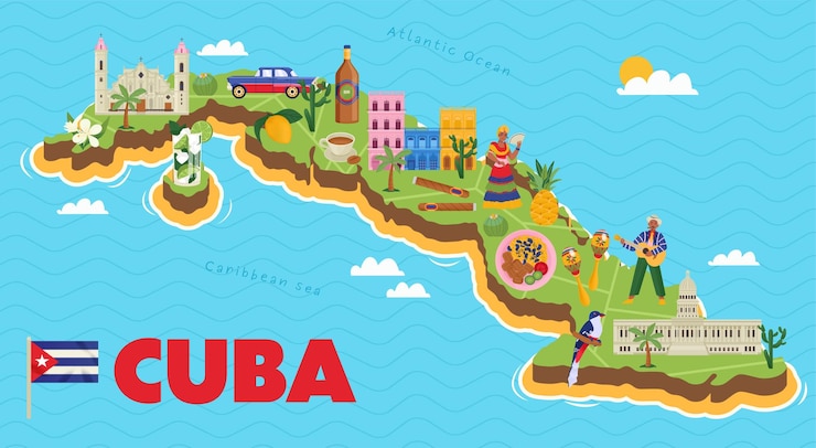 Vetor grátis mapa de cuba com seus símbolos cartaz plano em azul mar do caribe e oceano atlântico ilustração vetorial de fundo