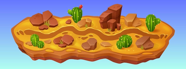 Mapa de nível de jogo de interface móvel do deserto com fundo de desenhos animados de estrada areia modelo de corrida terrestre ativo fantasia plataforma gui interface vetor ambiente ilustração com cacto de caminho de rali e pedregulho