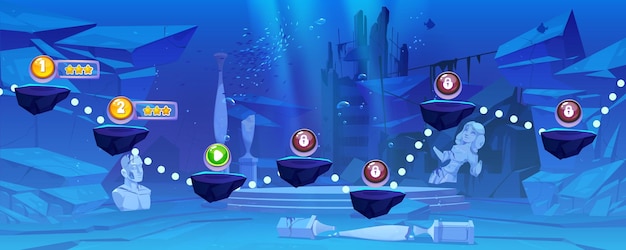 Vetor grátis mapa de nível de jogo do oceano subaquático ui cartoon vector fundo interface de pontuação de aventura submarina profunda com estátua de ruína de construção e rocha paisagem marinha azul com ambiente afundado e plataforma para pular