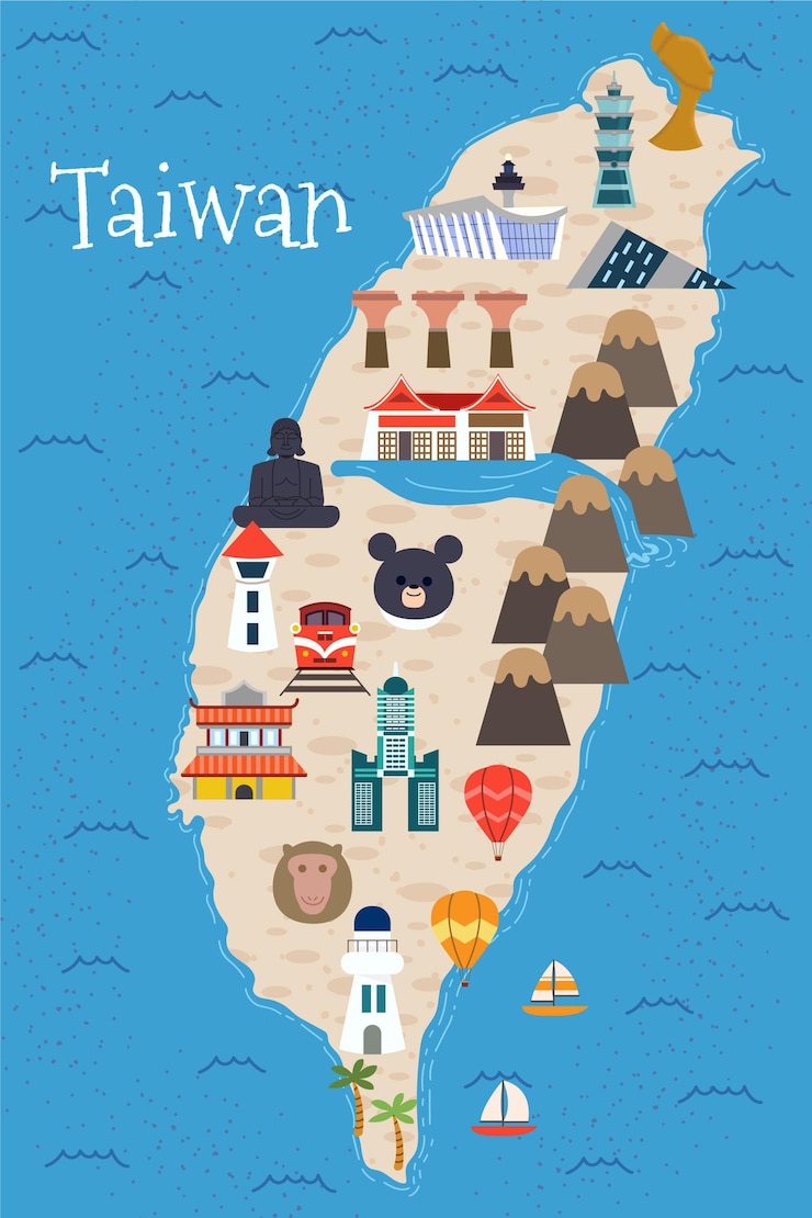 Vetor grátis mapa de taiwan com pontos de referência