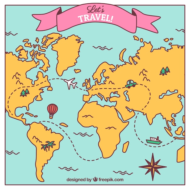 Vetor grátis mapa desenhado de mão com elementos de viagem