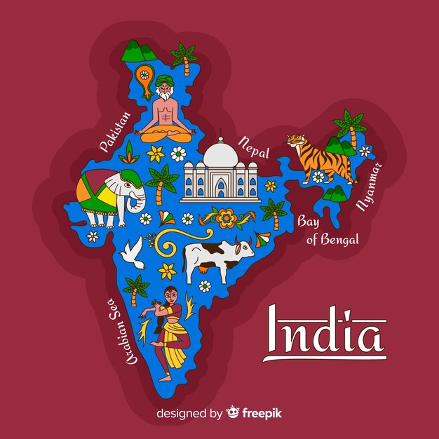 Mapa desenhado de mão da Índia