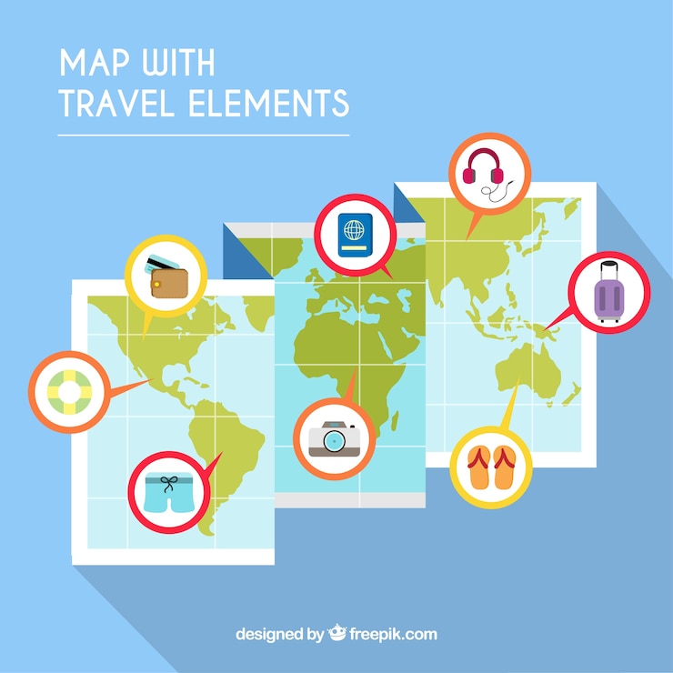 Vetor grátis mapa do mundo e elementos de viagem com design plano