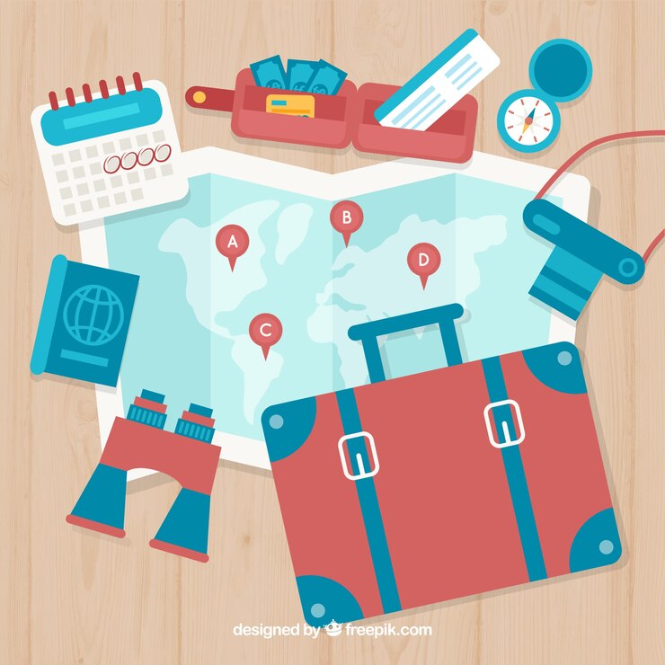 Vetor grátis mapa do mundo e elementos de viagem com design plano