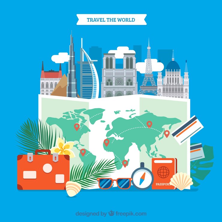 Vetor grátis mapa do mundo e elementos de viagem com design plano