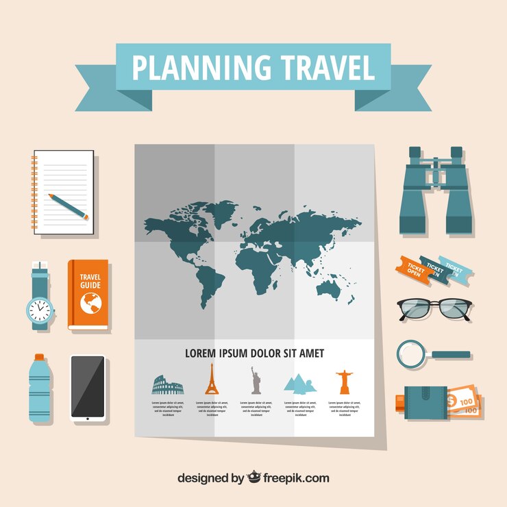 Vetor grátis mapa do mundo e elementos de viagem com design plano