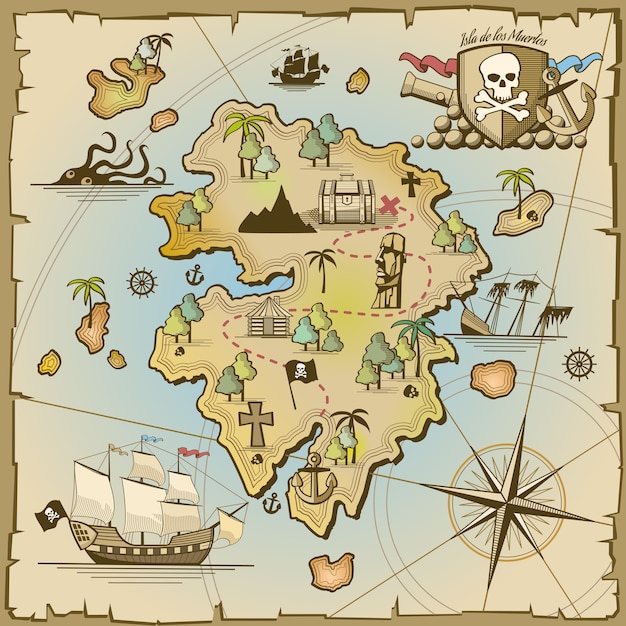 Vetor grátis mapa do vetor da ilha do tesouro do pirata. navio marítimo, aventura no oceano, caveira e papel, arte de navegação e ilustração de canhão