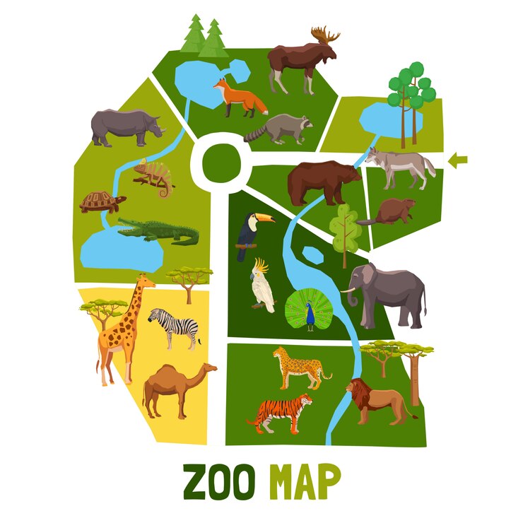Vetor grátis mapa do zoo dos desenhos animados com animais