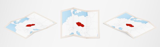 Mapa dobrado da república tcheca em três versões diferentes.