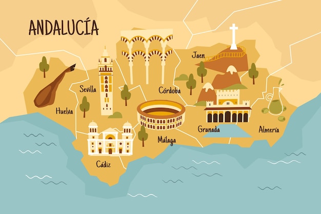 Vetor grátis mapa ilustrado da andaluzia com pontos de referência interessantes
