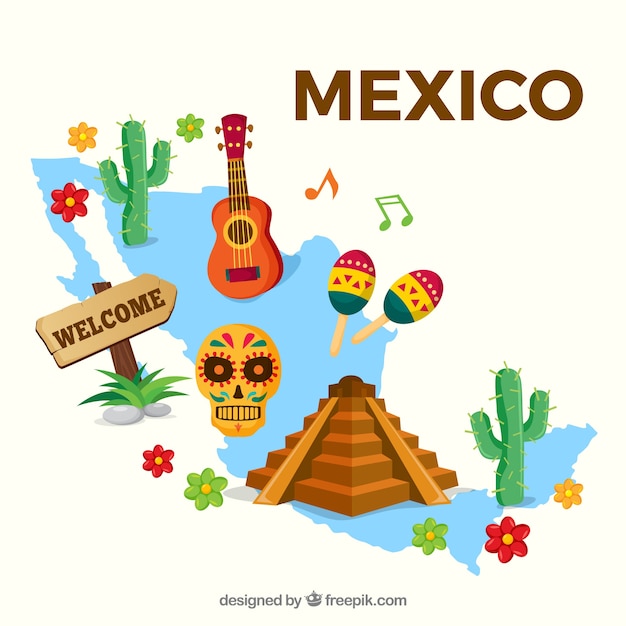 Mapa mexicano com elementos culturais