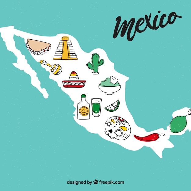 Vetor grátis mapa mexicano com elementos culturais