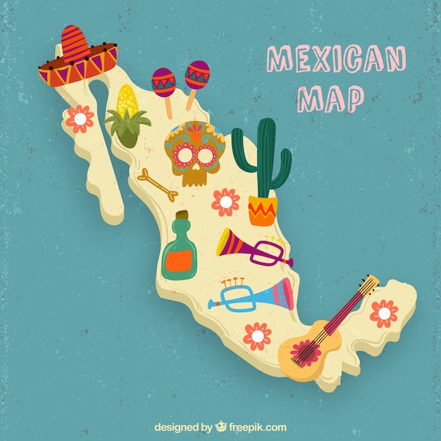 Vetor grátis mapa mexicano com elementos culturais