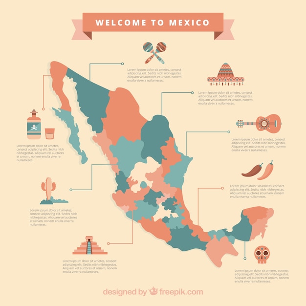 Vetor grátis mapa mexicano com elementos culturais