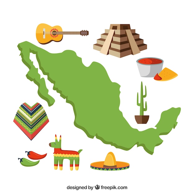 Vetor grátis mapa mexicano com elementos culturais