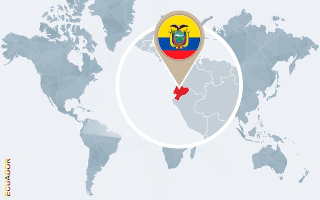 Mapa-múndi abstrato azul com bandeira ampliada do equador equador e mapa ilustração vetorial Vetor Premium